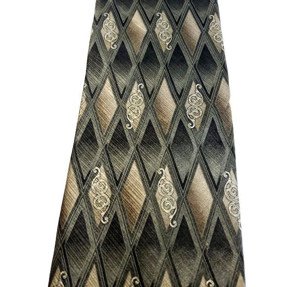 Puritan Green Tan Abstract Geometric Print Wide Silk Tie - Picture 2 of 6